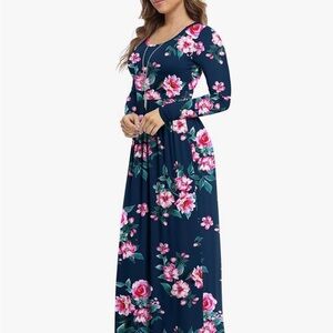 VIISHOW Navy Pink Floral Maxi Dress Size M Long Sleeve Pocket Dress Cottagecore